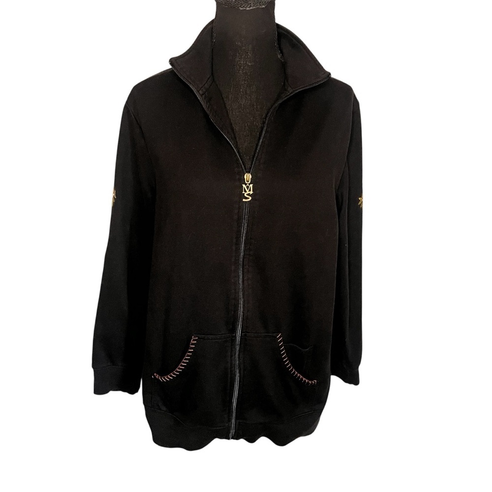 Vintage Maggie Sweet Sport Sz L Black Long Sleeve Embroidered Zip Floral Jacket